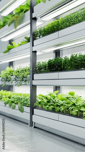 Modern indoor hydroponic farm with vertical gardening systems and fresh green plants in a well-lit, clean environment. © HDP-STUDIO