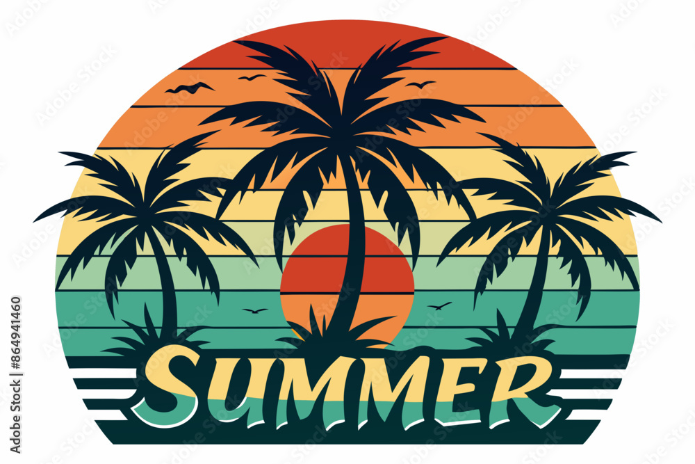 Naklejka premium Summer t-shirt design. Retro and vintage summer vibes t-shirt design with palm tree, sea beach, and sunset vector illustration
