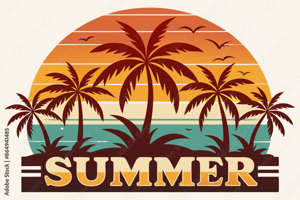 custom made wallpaper toronto digitalSummer t-shirt design. Retro and vintage summer vibes t-shirt design with palm tree, sea beach, and sunset vector illustration