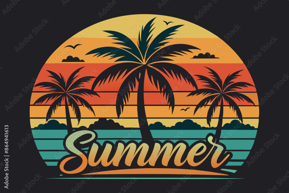 Naklejka premium Summer t-shirt design. Retro and vintage summer vibes t-shirt design with palm tree, sea beach, and sunset vector illustration
