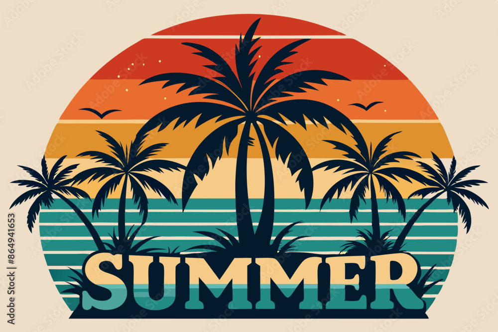 Naklejka premium Summer t-shirt design. Retro and vintage summer vibes t-shirt design with palm tree, sea beach, and sunset vector illustration