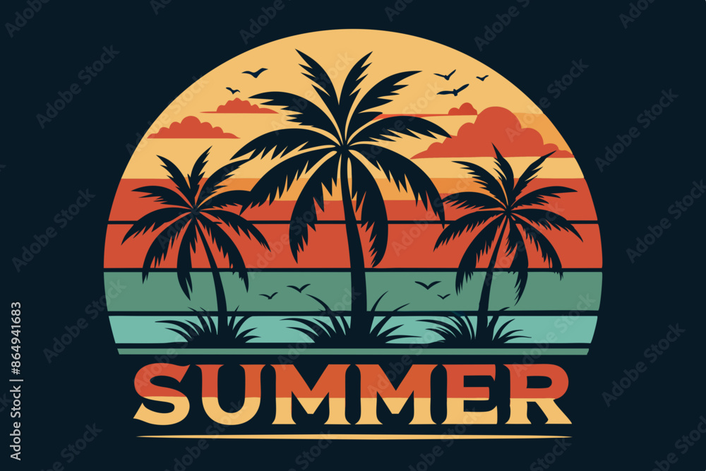 Naklejka premium Summer t-shirt design. Retro and vintage summer vibes t-shirt design with palm tree, sea beach, and sunset vector illustration
