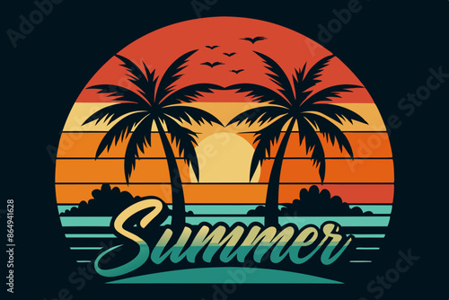 Wallpaper Mural Summer t-shirt design. Retro and vintage summer vibes t-shirt design with palm tree, sea beach, and sunset vector illustration Torontodigital.ca