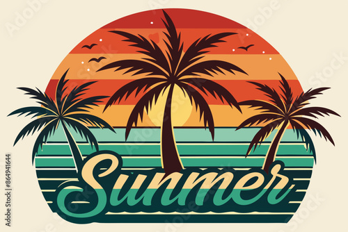 Wallpaper Mural Summer t-shirt design. Retro and vintage summer vibes t-shirt design with palm tree, sea beach, and sunset vector illustration Torontodigital.ca