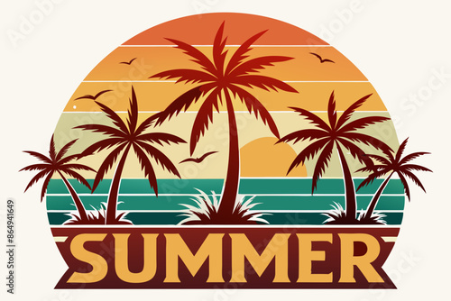 Wallpaper Mural Summer t-shirt design. Retro and vintage summer vibes t-shirt design with palm tree, sea beach, and sunset vector illustration Torontodigital.ca