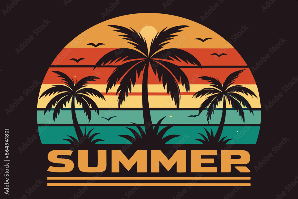 custom made wallpaper toronto digitalSummer t-shirt design. Retro and vintage summer vibes t-shirt design with palm tree, sea beach, and sunset vector illustration