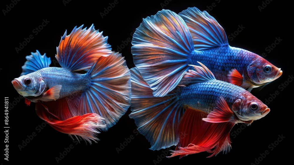 Obraz premium Betta fishes swimming gracefully in dark water , Betta fish, underwater, aquatic, vibrant colors, tropical fish
