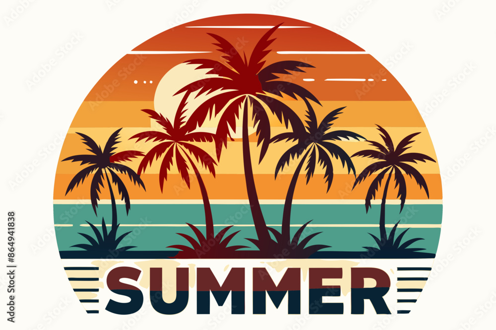 Naklejka premium Summer t-shirt design. Retro and vintage summer vibes t-shirt design with palm tree, sea beach, and sunset vector illustration