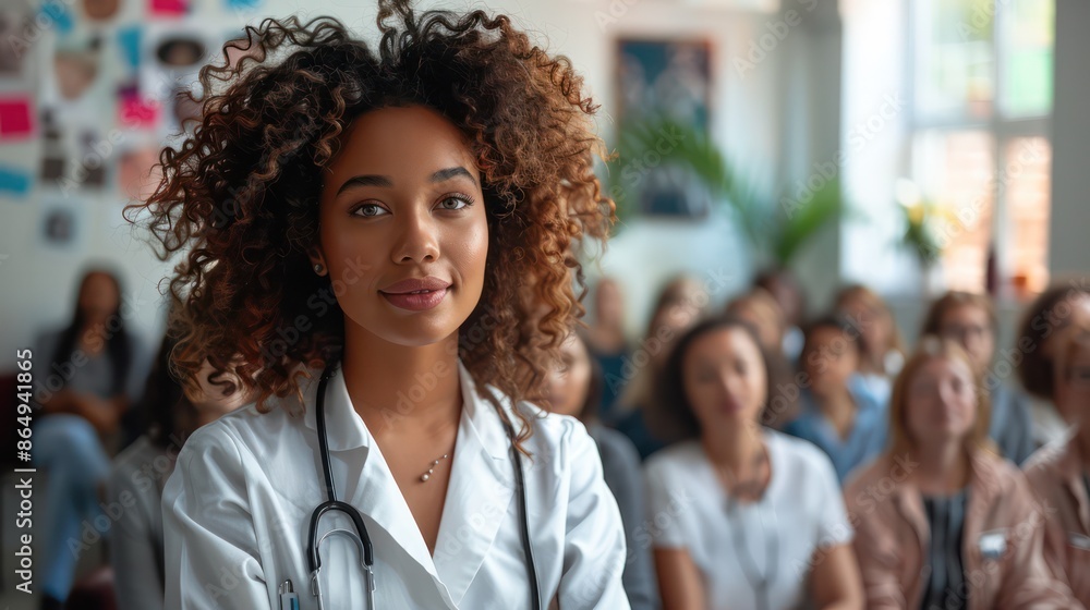 Healthcare workers providing breast cancer education in a community center surrounded by diverse participants. Healthcare workers providing breast cancer education in a community center surrounded by diverse participants.