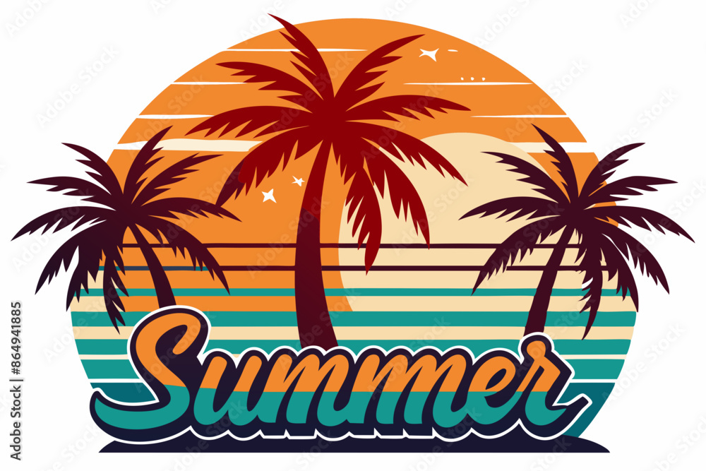 custom made wallpaper toronto digitalSummer t-shirt design. Retro and vintage summer vibes t-shirt design with palm tree, sea beach, and sunset vector illustration