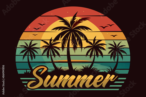 Wallpaper Mural Summer t-shirt design. Retro and vintage summer vibes t-shirt design with palm tree, sea beach, and sunset vector illustration Torontodigital.ca