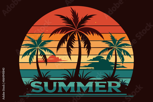 Wallpaper Mural Summer t-shirt design. Retro and vintage summer vibes t-shirt design with palm tree, sea beach, and sunset vector illustration Torontodigital.ca