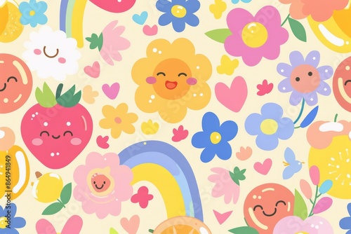 Cute colorful pattern of flowers with smiley faces, fruit, love hearts and rainbows. Pastel tones