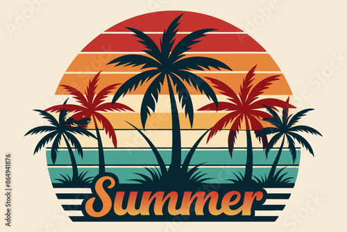 Wallpaper Mural Summer t-shirt design. Retro and vintage summer vibes t-shirt design with palm tree, sea beach, and sunset vector illustration Torontodigital.ca