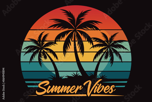 Wallpaper Mural Summer t-shirt design. Retro and vintage summer vibes t-shirt design with palm tree, sea beach, and sunset vector illustration Torontodigital.ca