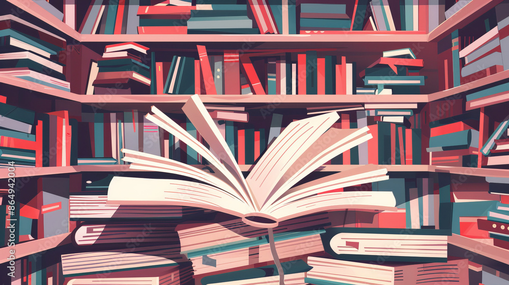 An open book with its pages facing downward and a stack of books. This illustration represents reading, education, e-books, literature, and encyclopedias. An open book with its pages facing downward and a stack of books. This illustration represents reading, education, e-books, literature, and encyclopedias.