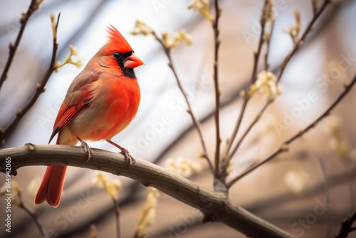  The Birdwatching close-up of a cardinal perched on a tree branch, birdwatcher observing from a distance © Hanna Haradzetska