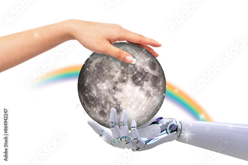 Bilde på lerret Aesthetic technology connection png sticker, robot & human hands, transparent ba