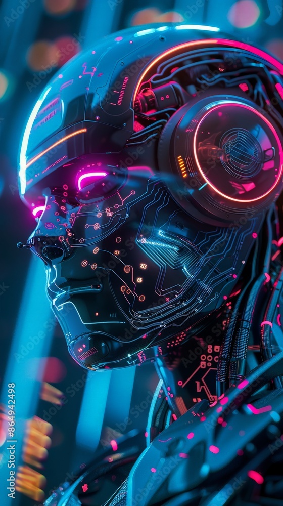 Advanced AI Robot Profile in Neon Blue