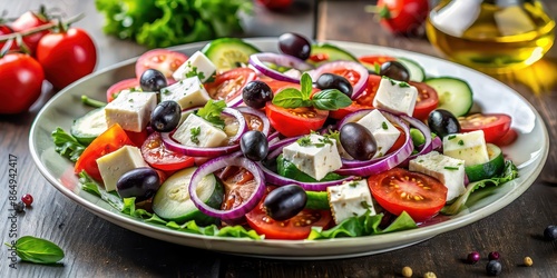 Vegetable salad with feta cheese, tomato, olives, cucumber, red onion and olive oil, Greek salad, feta cheese, tomato