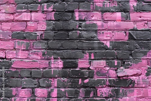 Urban exterior scene with a black and pink brick wall featuring a fire hydrant