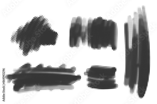 Halftone noisy gradient paint brush stroke. Dotted vector blobs. Abstract grunge elements isolated on white background.