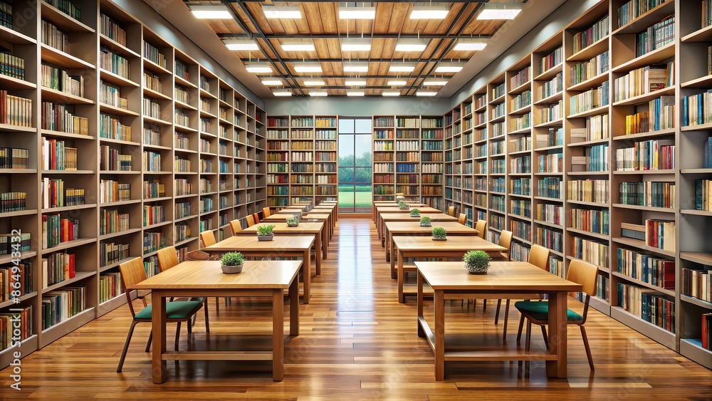 Fototapeta premium Quiet library with rows of bookshelves and reading tables, serene, calm, peaceful, solitude, silent, tranquil, books