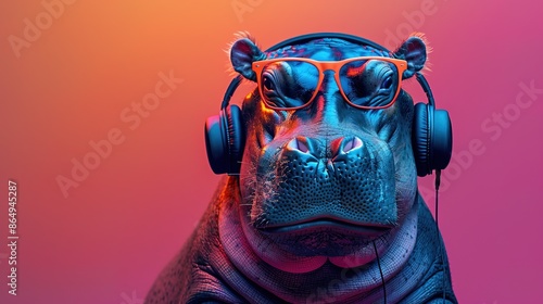 Stylish hippo with sunglasses and headphones on colorful background © WrongWay