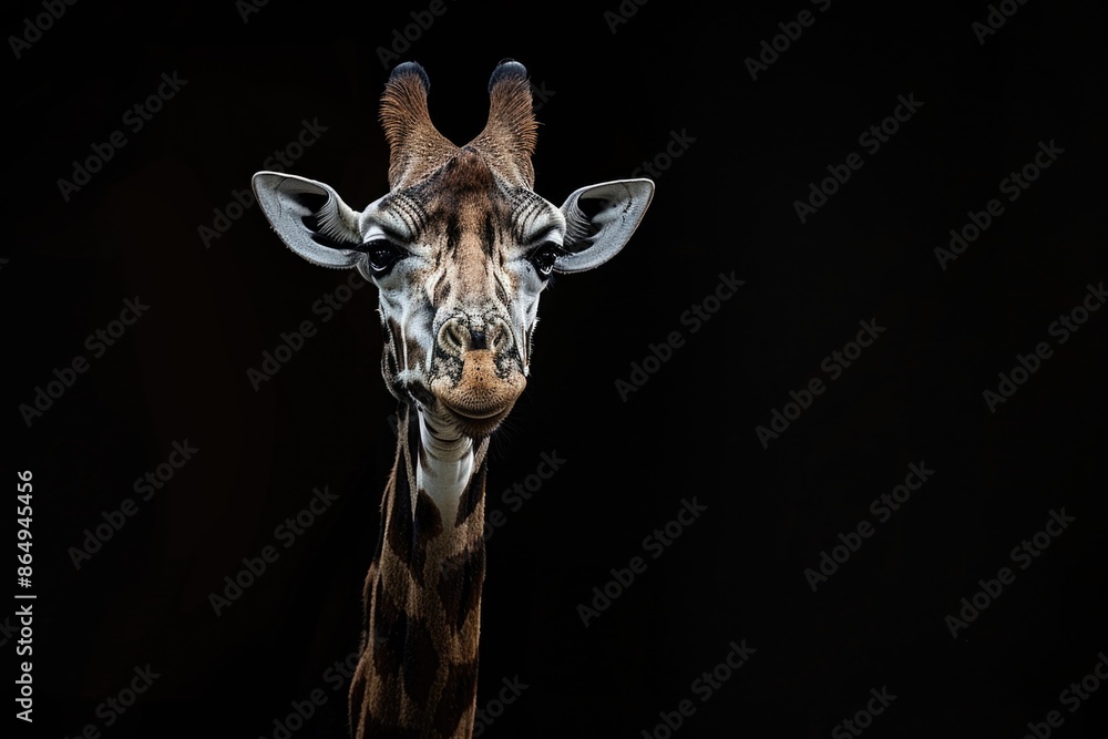 Naklejka premium A close-up view of a giraffe against a dark or black background
