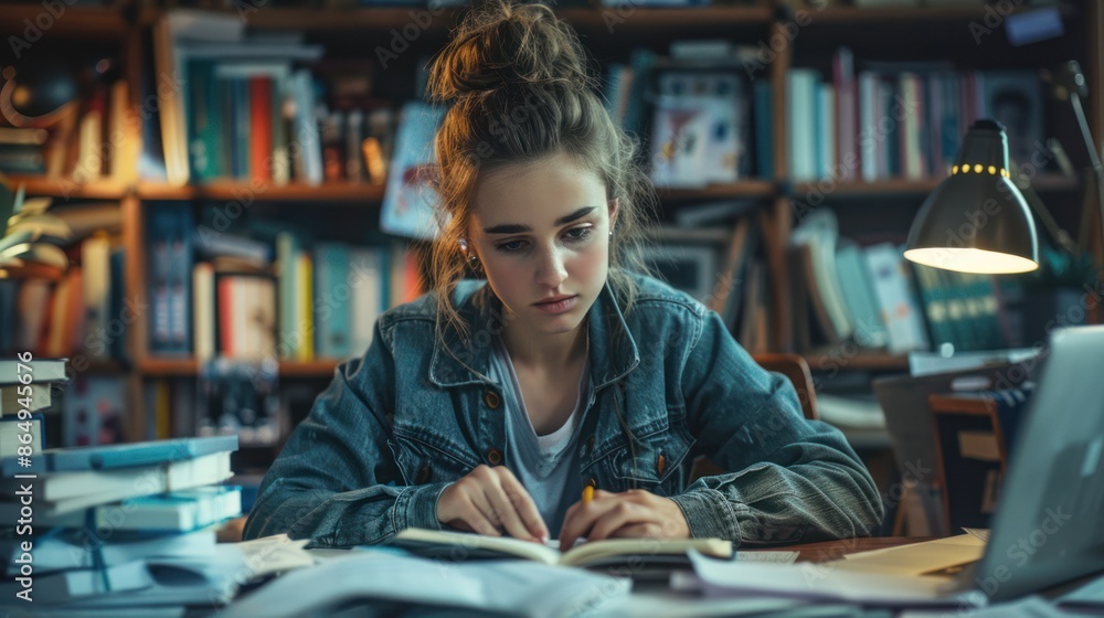 A student studying at a desk with a laptop and textbooks, surrounded by notes A student studying at a desk with a laptop and textbooks, surrounded by notes
