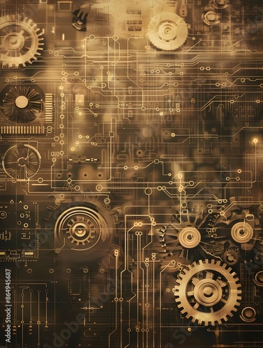 Vintage Mechanical Digital Code Wallpaper with Muted Sepia Tones and Scratched Film Grain
