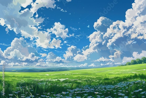 Green field with blue sky and white fluffy clouds. Beautiful nature scenery and landscape of a meadow with grass and flowers under the summer sun
