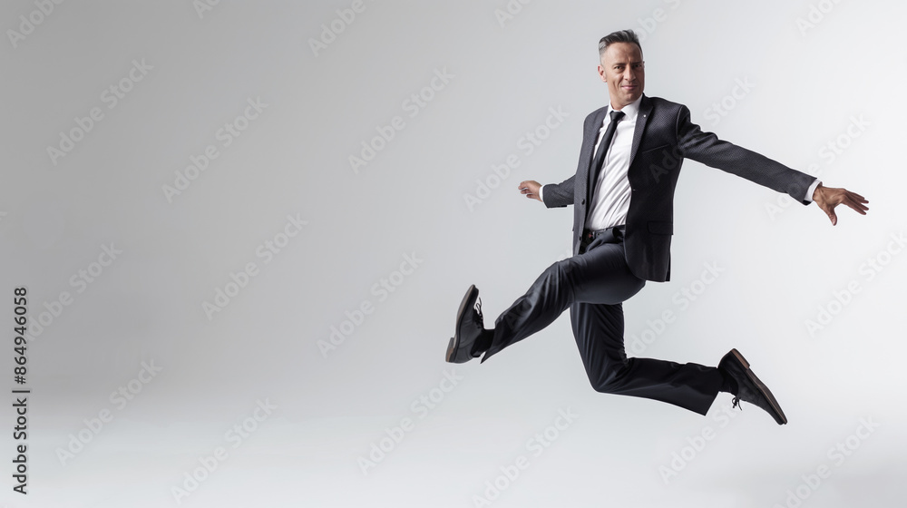 Man in suit performing a mid-air jump against plain background. He appears joyful and energetic with arms and legs outstretched