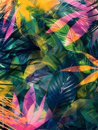 Captivating Organic Digital Wallpaper with Vibrant Tropical Foliage and Fluid Bioinspired Patterns photo