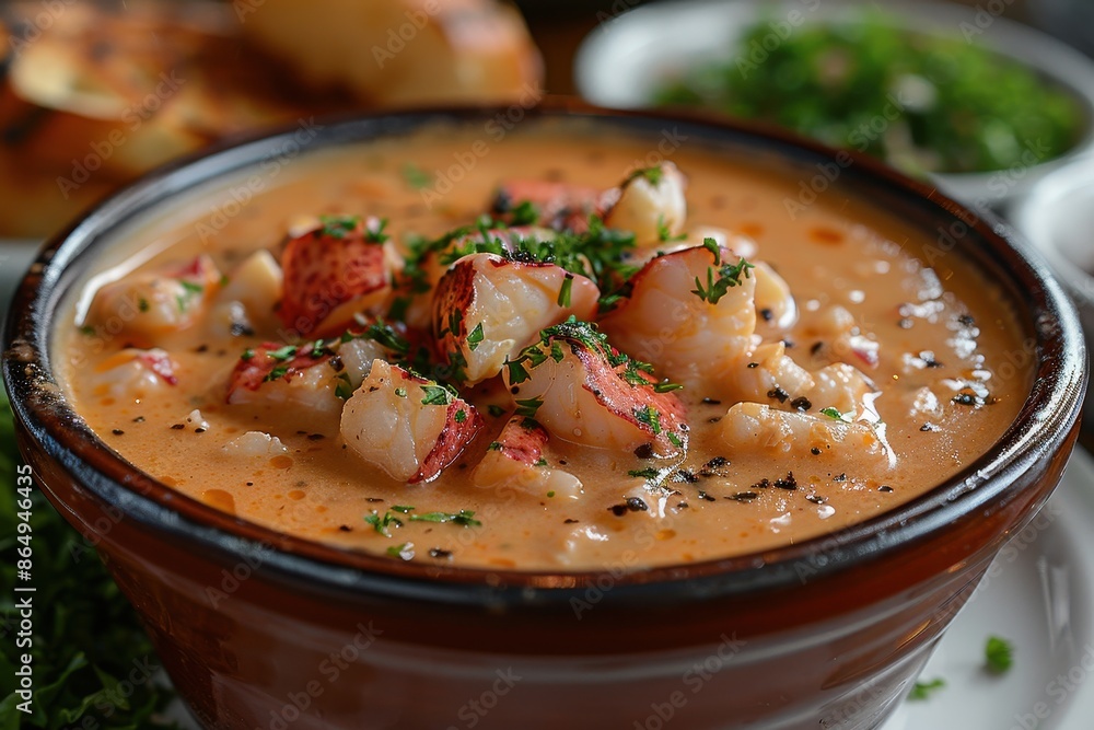 A rich and creamy lobster bisque, garnished with chunks of lobster meat and a drizzle of truffle oil, served in a fine china bowl. A rich and creamy lobster bisque, garnished with chunks of lobster meat and a drizzle of truffle oil, served in a fine china bowl.
