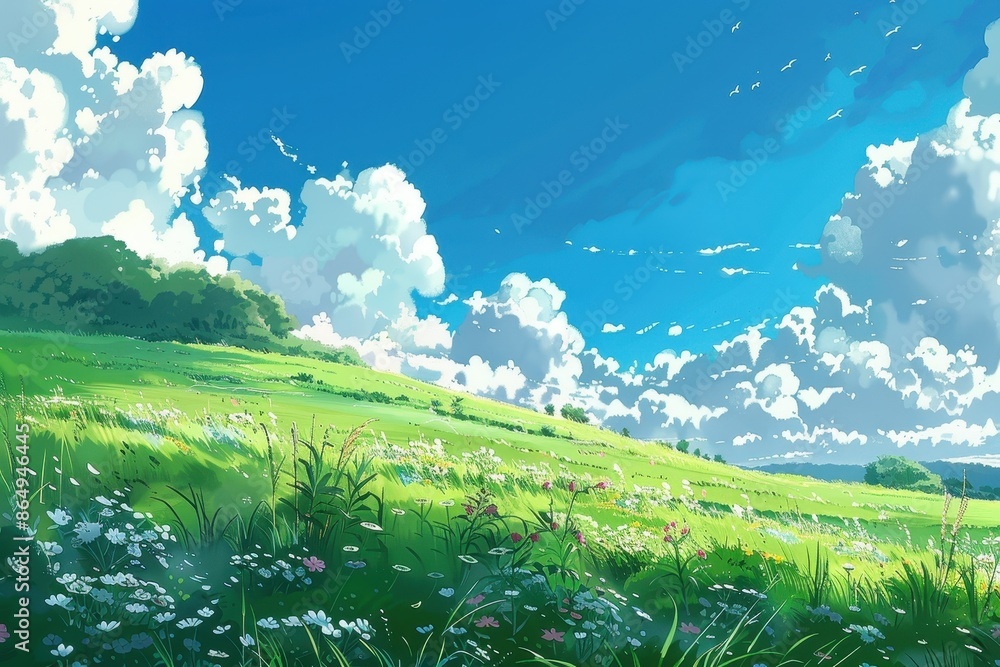 Obraz premium Green grassy field with wildflowers and a bright blue sky with white fluffy clouds. Cartoon animation style landscape scene.