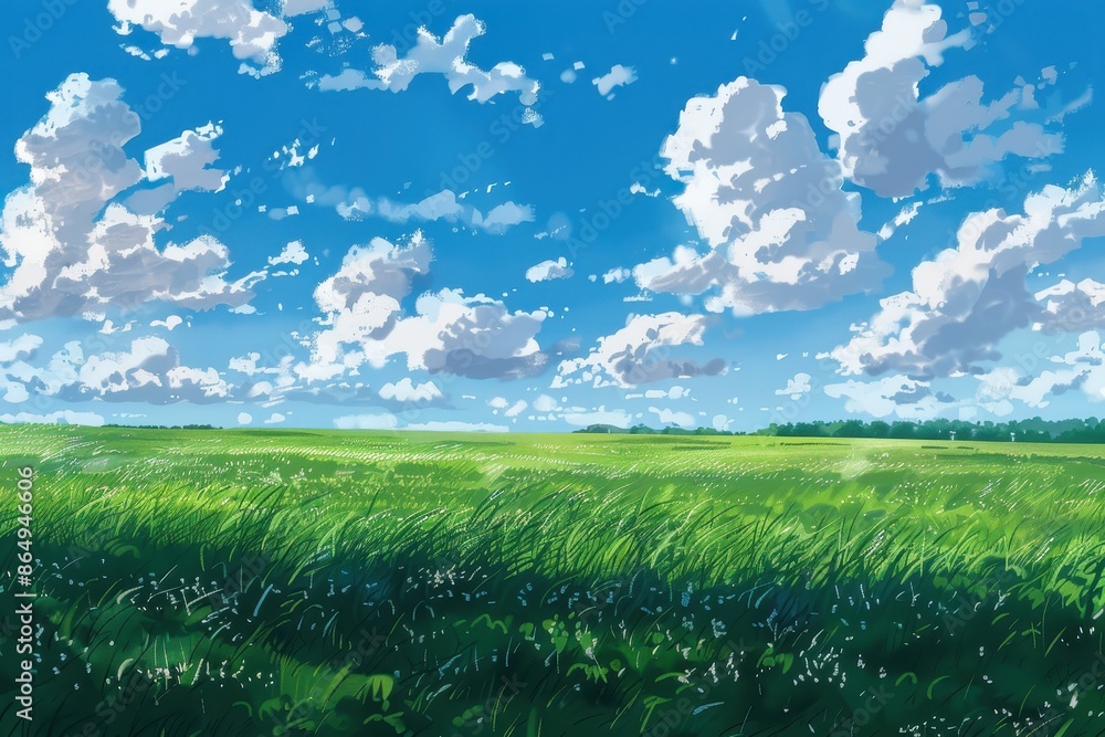 Fototapeta premium Beautiful digital art illustration of a lush green meadow with a bright blue sky and fluffy clouds. Concept of nature, peace, summer, and tranquility.