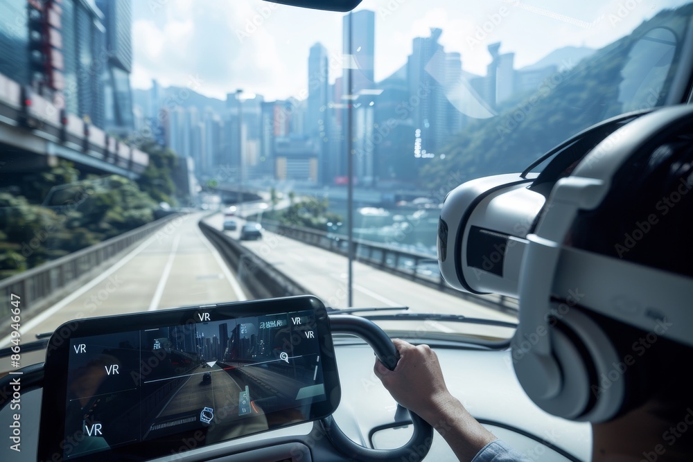Person driving with a VR headset in a futuristic cityscape, illustrating advanced virtual reality technology and immersive driving simulation in a modern urban environment. Person driving with a VR headset in a futuristic cityscape, illustrating advanced virtual reality technology and immersive driving simulation in a modern urban environment.