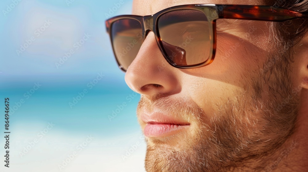 Serene beachside man in sunglasses reflecting summer vibes Serene beachside man in sunglasses reflecting summer vibes