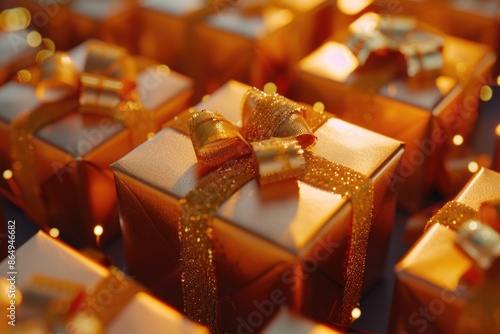 A collection of beautifully wrapped gold gift boxes with matching bows photo