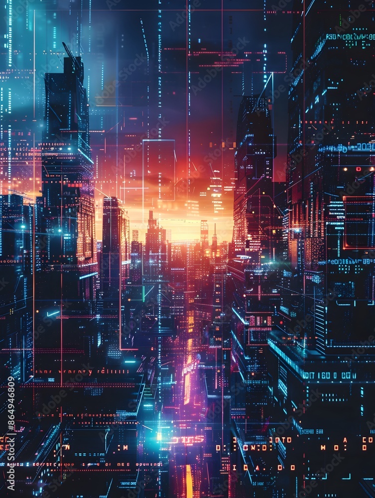 Futuristic Sleek HUD Interface and Holographic Data Visualizations in Deconstructed Cityscape Futuristic Sleek HUD Interface and Holographic Data Visualizations in Deconstructed Cityscape