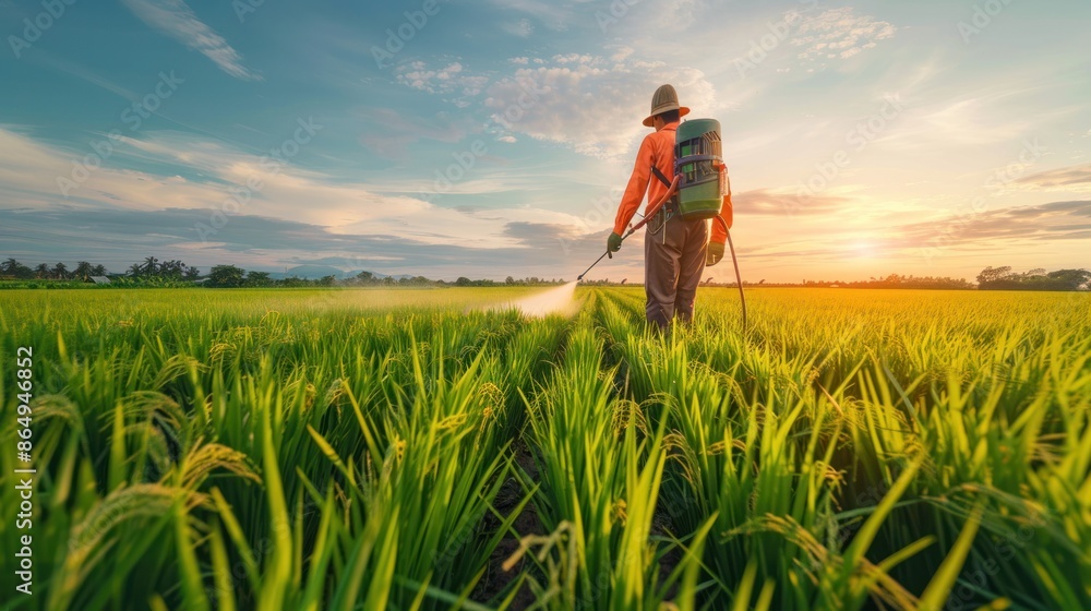 An Asian farmer sprays chemicals or fertilizer on a young green rice field with a machine An Asian farmer sprays chemicals or fertilizer on a young green rice field with a machine