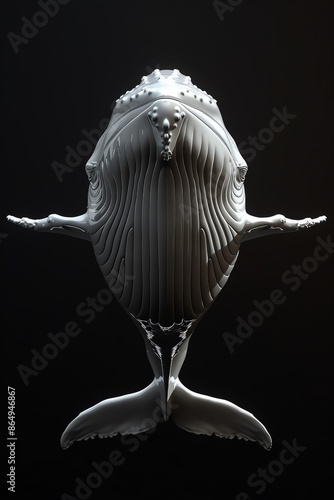 a 3D render of a symmetrical whale head and neck, no background, symmetrical art photo