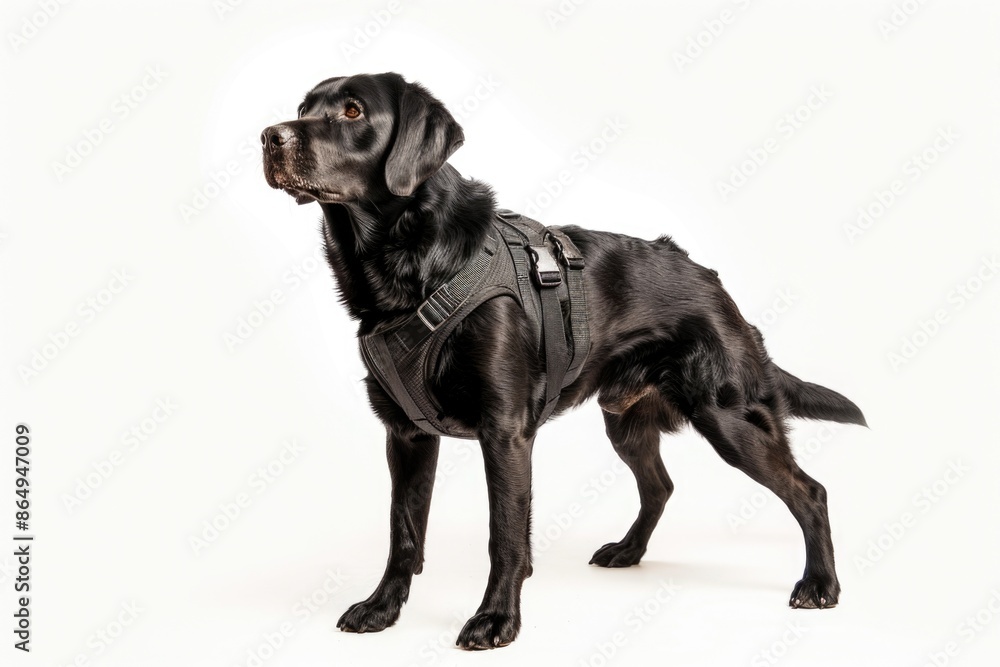 A black dog stands on a white surface, ready to pose or move A black dog stands on a white surface, ready to pose or move