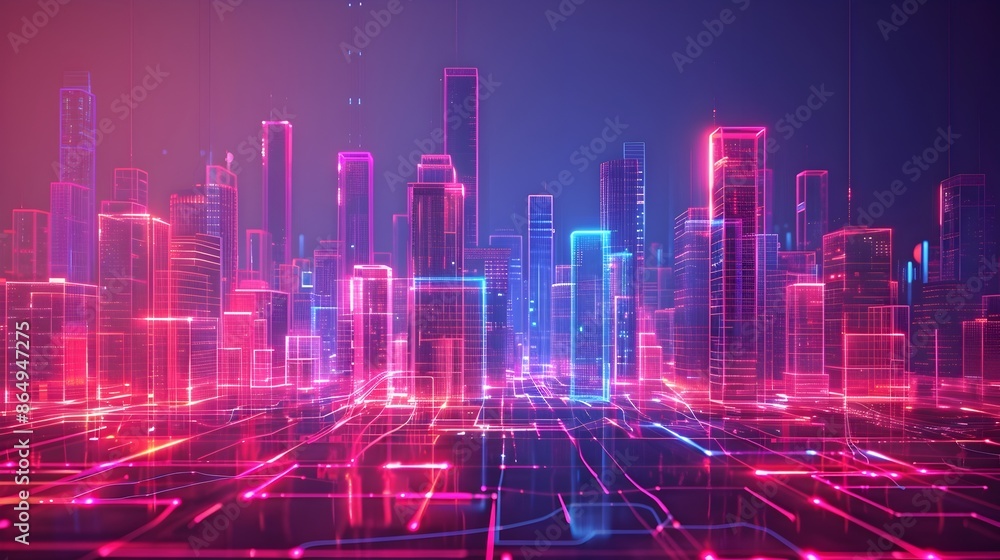 Futuristic Digital Cityscape with Glowing Neon Wireframes and Abstract Geometric Holographic Shapes Futuristic Digital Cityscape with Glowing Neon Wireframes and Abstract Geometric Holographic Shapes