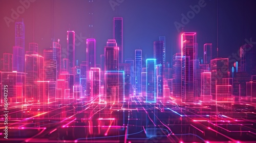 Futuristic Digital Cityscape with Glowing Neon Wireframes and Abstract Geometric Holographic Shapes