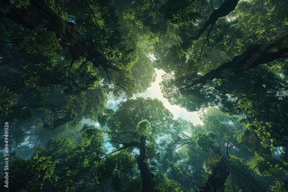 View from below looking up at the tree canopy in a forest with sunlight filtering through View from below looking up at the tree canopy in a forest with sunlight filtering through