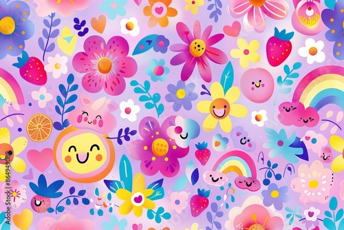 Cute colorful pattern of flowers with smiley faces, fruit, love hearts and rainbows. Pastel tones