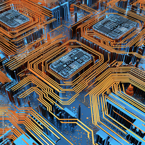 A High-Resolution 3D Rendering of a Circuit Board with Blue and Orange Colors photo