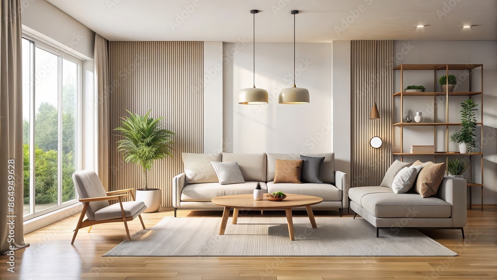 Fototapeta premium Modern living room with minimalist furniture and neutral color palette, interior design, sofa, coffee table, plant, rug